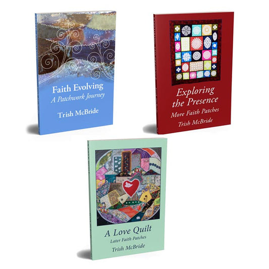 Spiritual Trilogy of print books by Trish McBride. 
Special offer for 3 Print book set:
Faith Evolving, Exploring the Presence and A Love Quilt