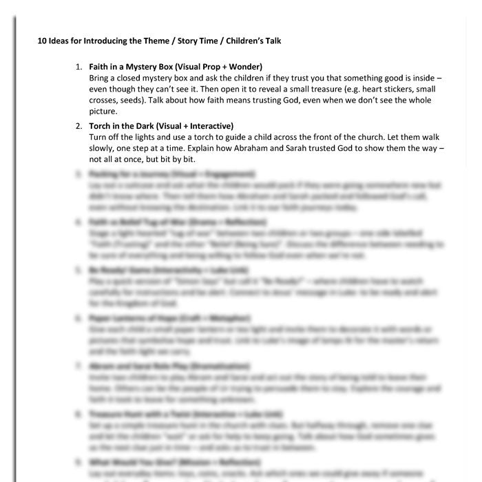 Worship at Hand
Complete Lectionary-Based Worship Services for Sundays in the Church Year
By Philip Garside
Pentecost 9 | 10 Aug 2025
Children's Talk ideas