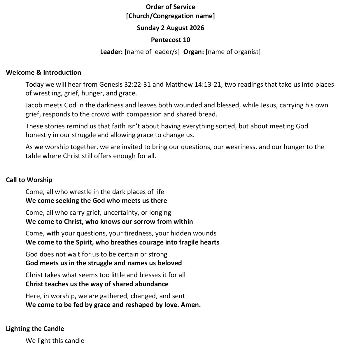 Worship at Hand
Complete Lectionary-Based Worship Services for Sundays in the Church Year
By Philip Garside
Pentecost 10 | 2 August 2026
Page 1