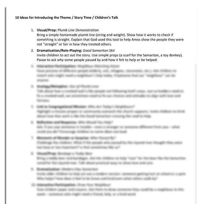 Worship at Hand
Complete Lectionary-Based Worship Services for Sundays in the Church Year
By Philip Garside
Pentecost 5 | 13 July 2025
Children's Talk ideas