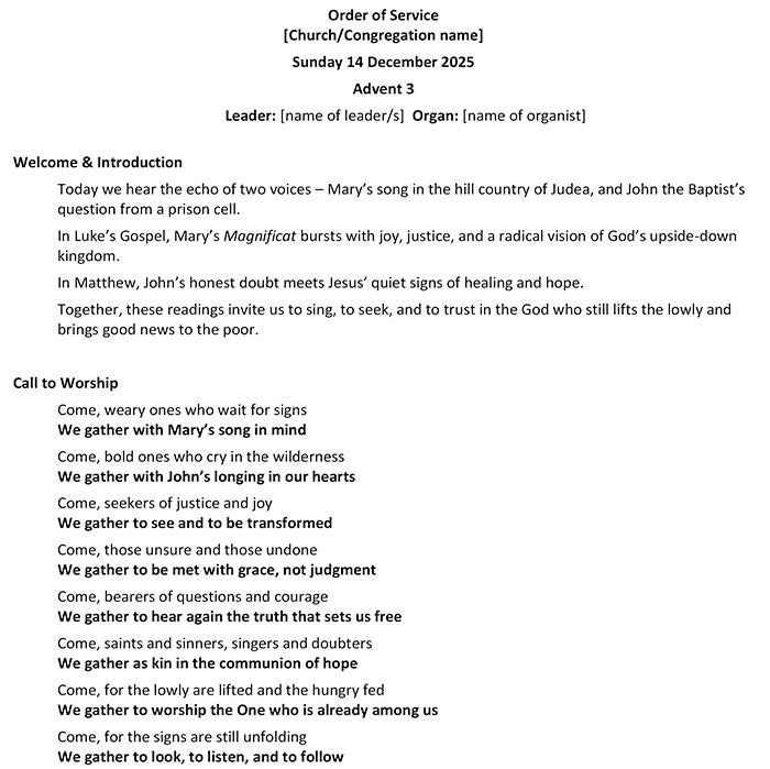 Worship at Hand
Complete Lectionary-Based Worship Services for Sundays in the Church Year
By Philip Garside
Advent 3 | 14 December 2025
Page 1
