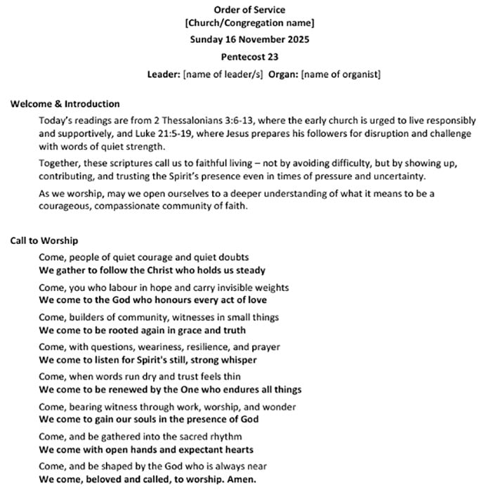 Worship at Hand
Complete Lectionary-Based Worship Services for Sundays in the Church Year
By Philip Garside
Pentecost 23 | 16 November 2025
Page 1