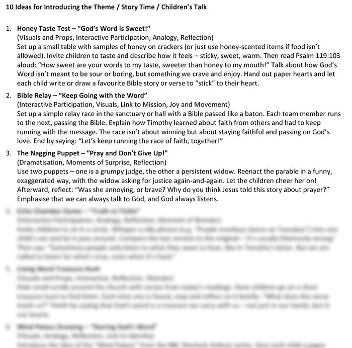 Worship at Hand
Complete Lectionary-Based Worship Services for Sundays in the Church Year
By Philip Garside
Pentecost 19 | 19 October 2025
Children's Talk ideas