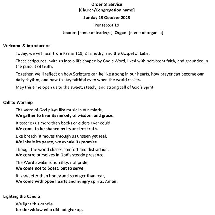 Worship at Hand
Complete Lectionary-Based Worship Services for Sundays in the Church Year
By Philip Garside
Pentecost 19 | 19 October 2025
Page 1