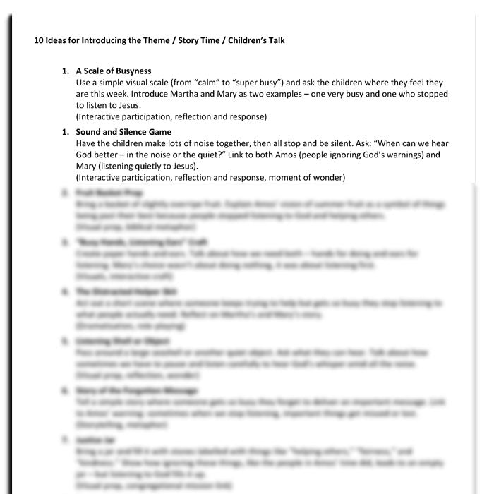 Worship at Hand
Complete Lectionary-Based Worship Services for Sundays in the Church Year
By Philip Garside
Pentecost 6 | 20 July 2025
Children's Talk ideas
