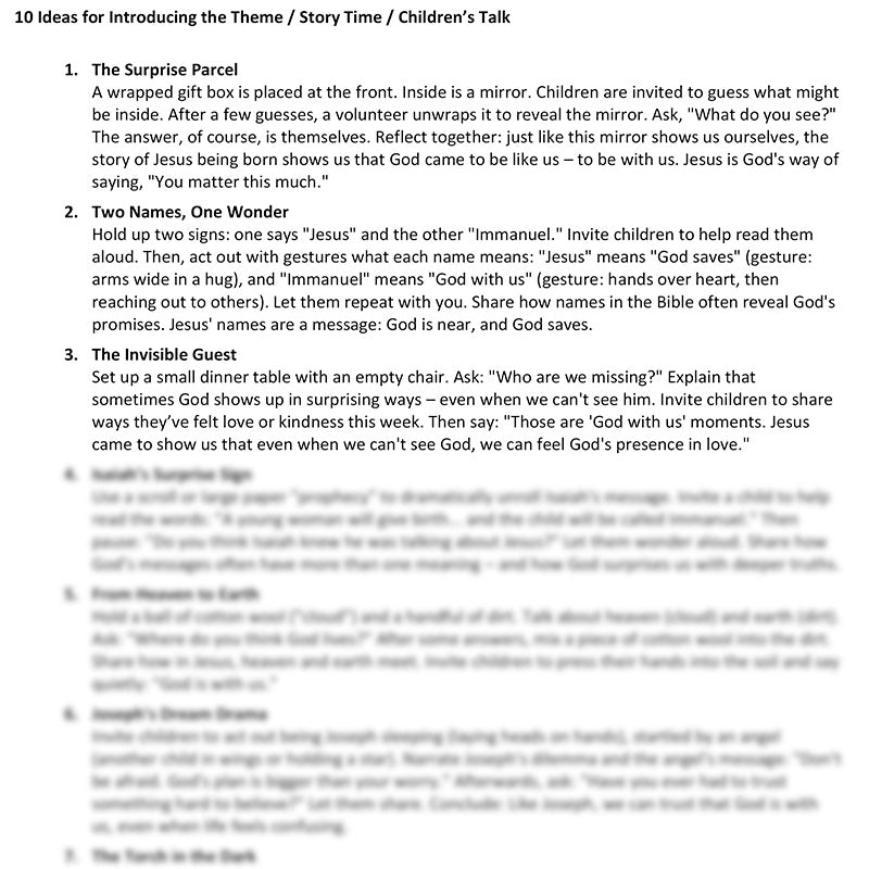 Worship at Hand
Complete Lectionary-Based Worship Services for Sundays in the Church Year
By Philip Garside
Advent 4 | 21 December 2025
Children's Talk Ideas
