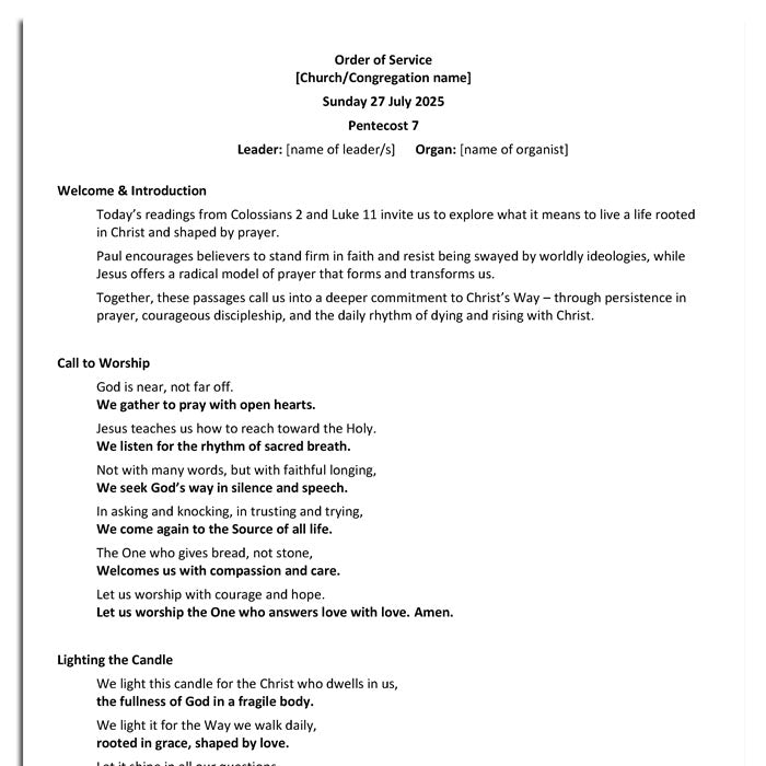Worship at Hand
Complete Lectionary-Based Worship Services for Sundays in the Church Year
By Philip Garside
Pentecost 7 | 27 July 2025
page 1