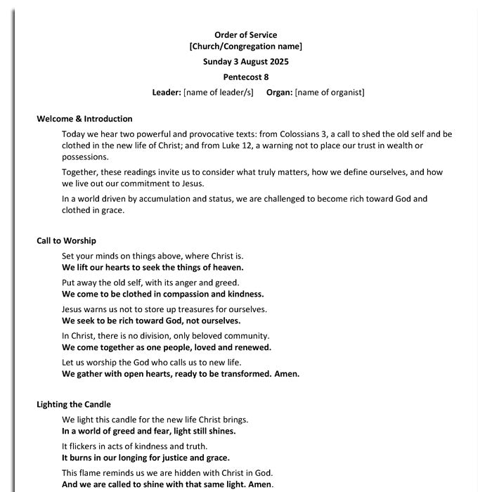 Worship at Hand
Complete Lectionary-Based Worship Services for Sundays in the Church Year
By Philip Garside
Pentecost 8 | 3 Aug 2025
Page 1