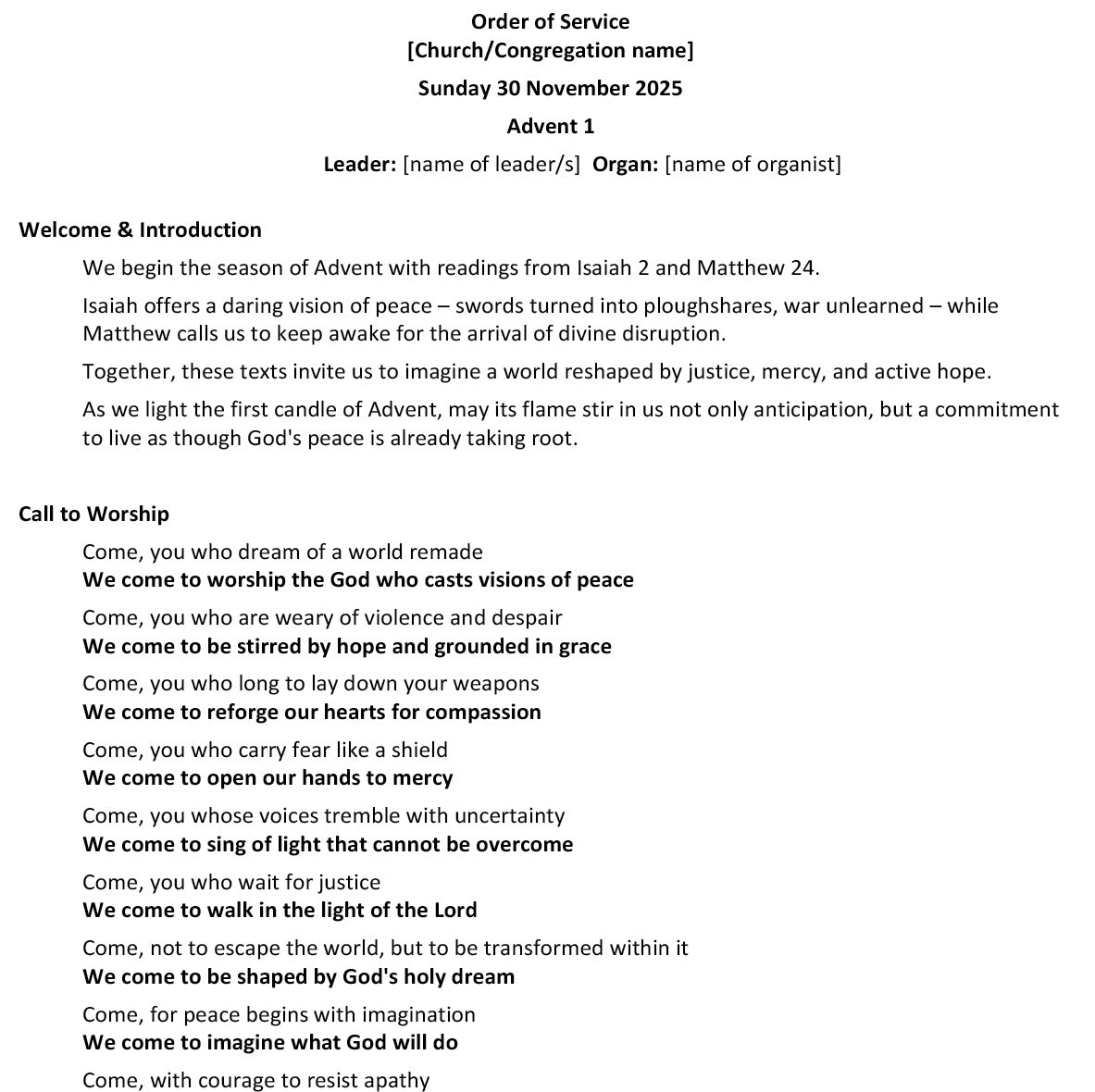 Worship at Hand
Complete Lectionary-Based Worship Services for Sundays in the Church Year
By Philip Garside
Advent 1 | 30 November 2025
Page 1