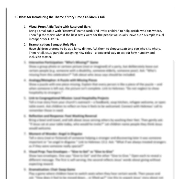 Worship at Hand
Complete Lectionary-Based Worship Services for Sundays in the Church Year
By Philip Garside
Pentecost 12 | 31 August 2025
Children's Talk ideas