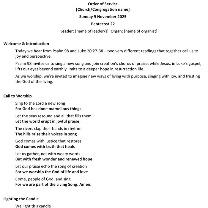 Worship at Hand
Complete Lectionary-Based Worship Services for Sundays in the Church Year
By Philip Garside
Pentecost 22 | 9 November 2025
Page 1