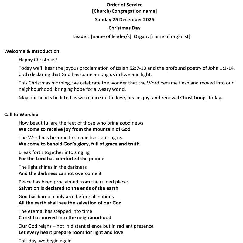 Worship at Hand
Complete Lectionary-Based Worship Services for Sundays in the Church Year
By Philip Garside
Christmas Day | 25 December 2025
Page 1
