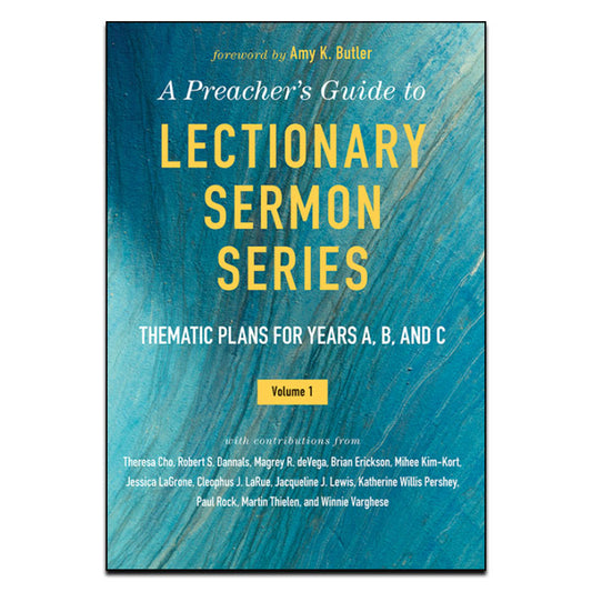 Cover of the book 'A Preacher’s Guide to Lectionary Sermon Series Volume 1' featuring a blue abstract background and a list of contributors.