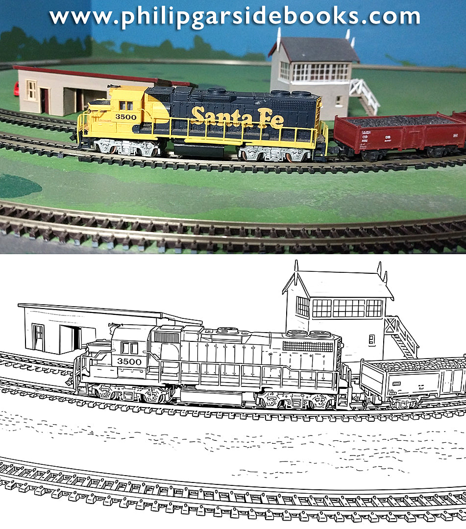 Joy of Model Railways Colouring Book
Philip C. Garside
Original photo and related sample line art in the book