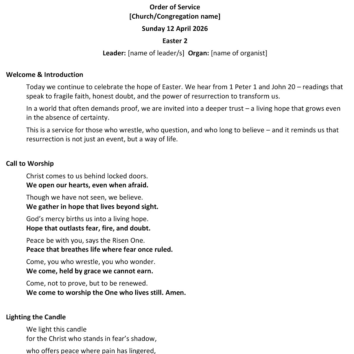 Worship at Hand
Complete Lectionary-Based Worship Services for Sundays in the Church Year
By Philip Garside
Easter 2 | 12 April 2026
Page 1