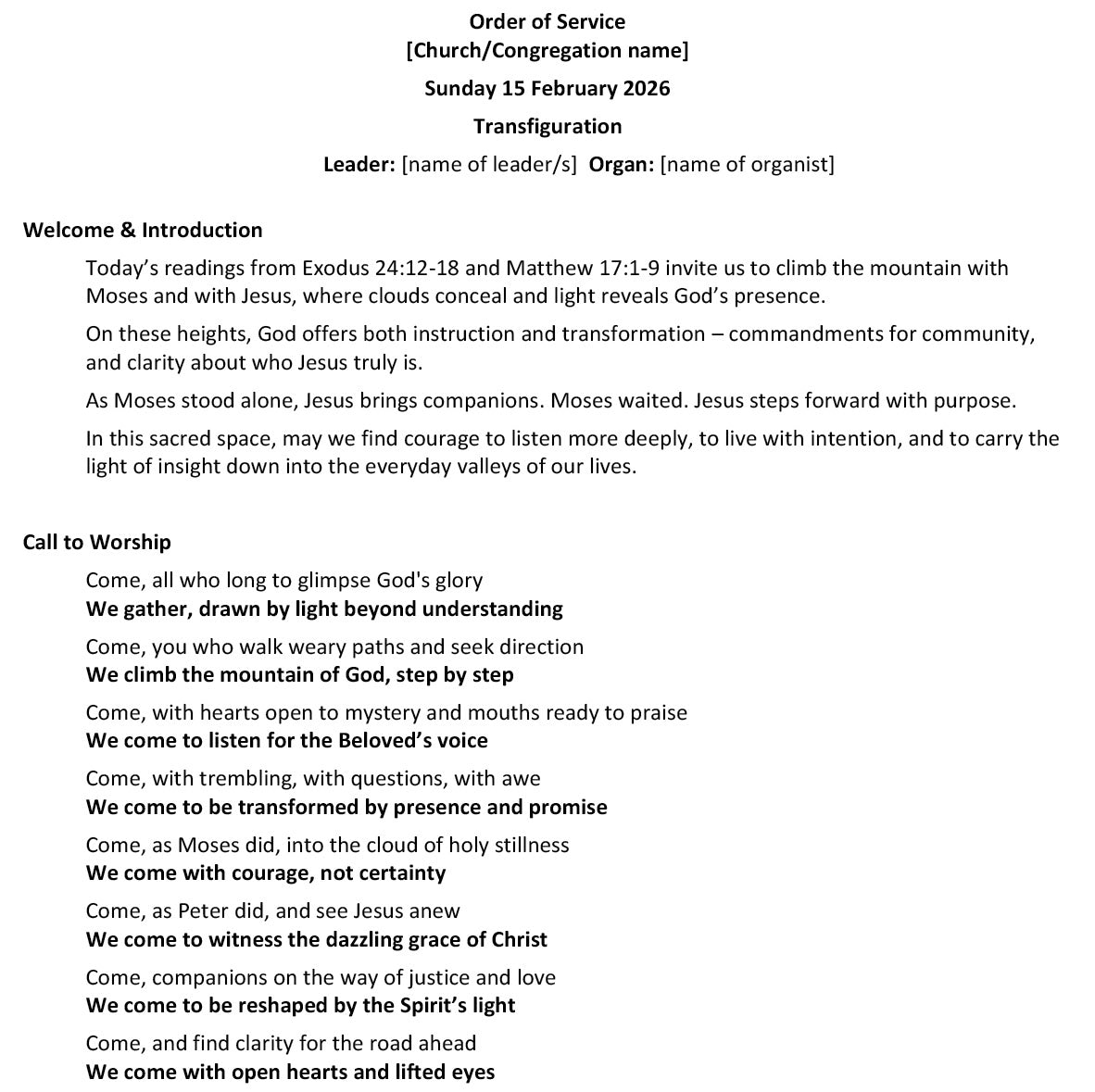 Worship at Hand
Complete Lectionary-Based Worship Services for Sundays in the Church Year
By Philip Garside
Transfiguration | 15 February 2026
Page 1