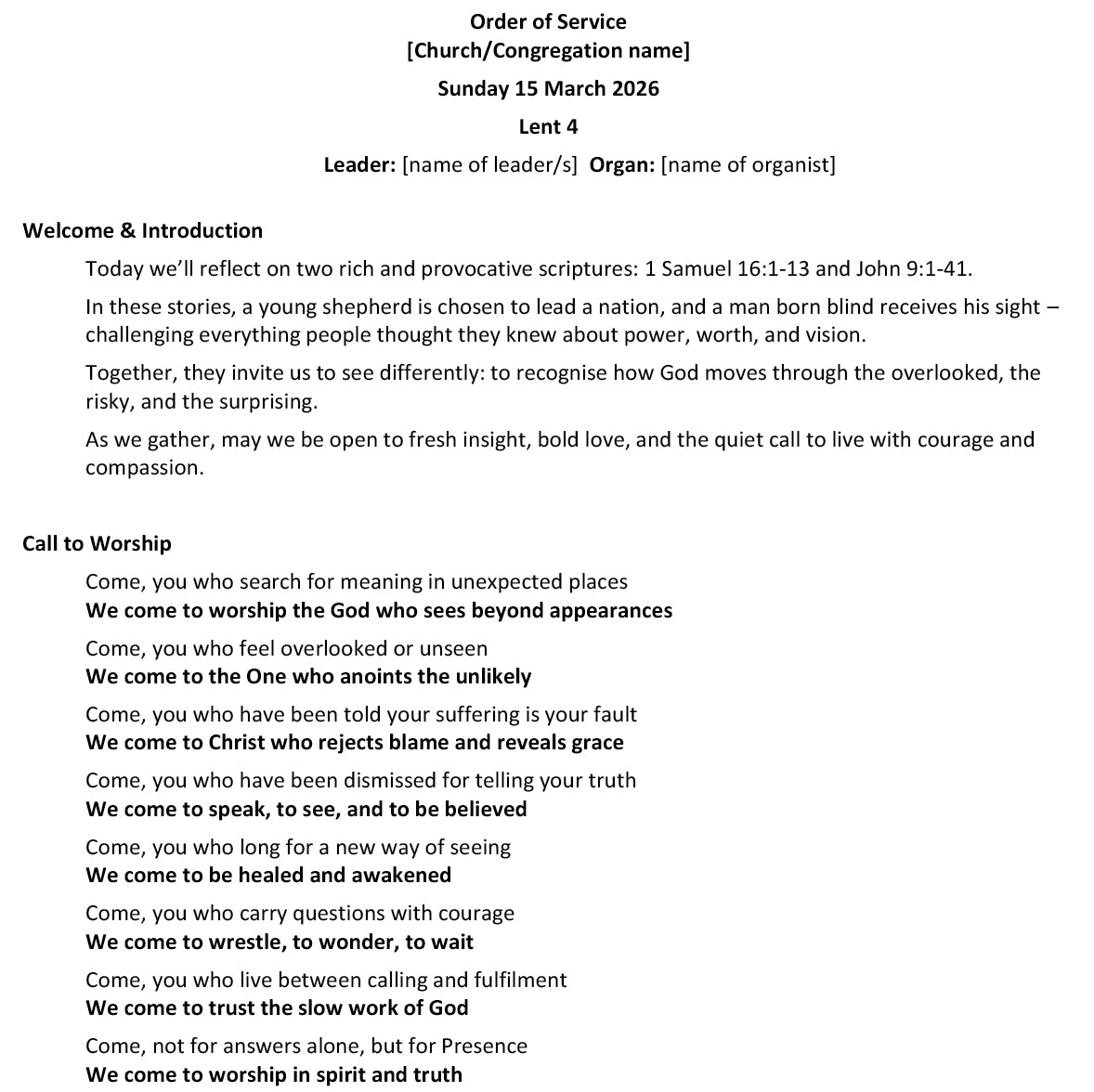 Worship at Hand
Complete Lectionary-Based Worship Services for Sundays in the Church Year
By Philip Garside
Lent 4 | 15 March 2026
page 1