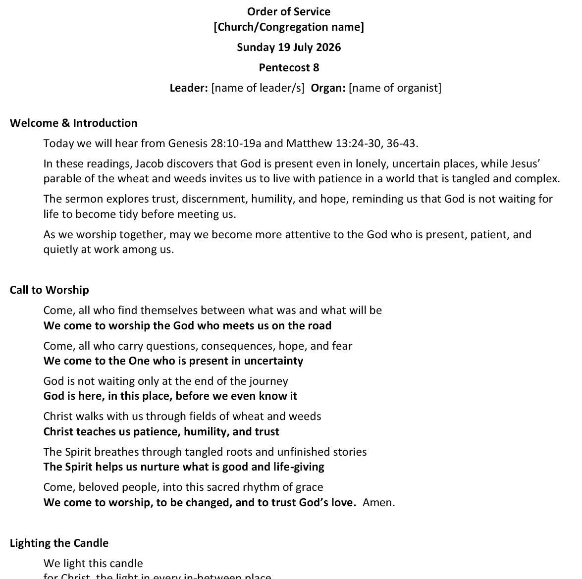 Worship at Hand
Complete Lectionary-Based Worship Services for Sundays in the Church Year
By Philip Garside
Pentecost 8 | 19 July 2026
Page 1