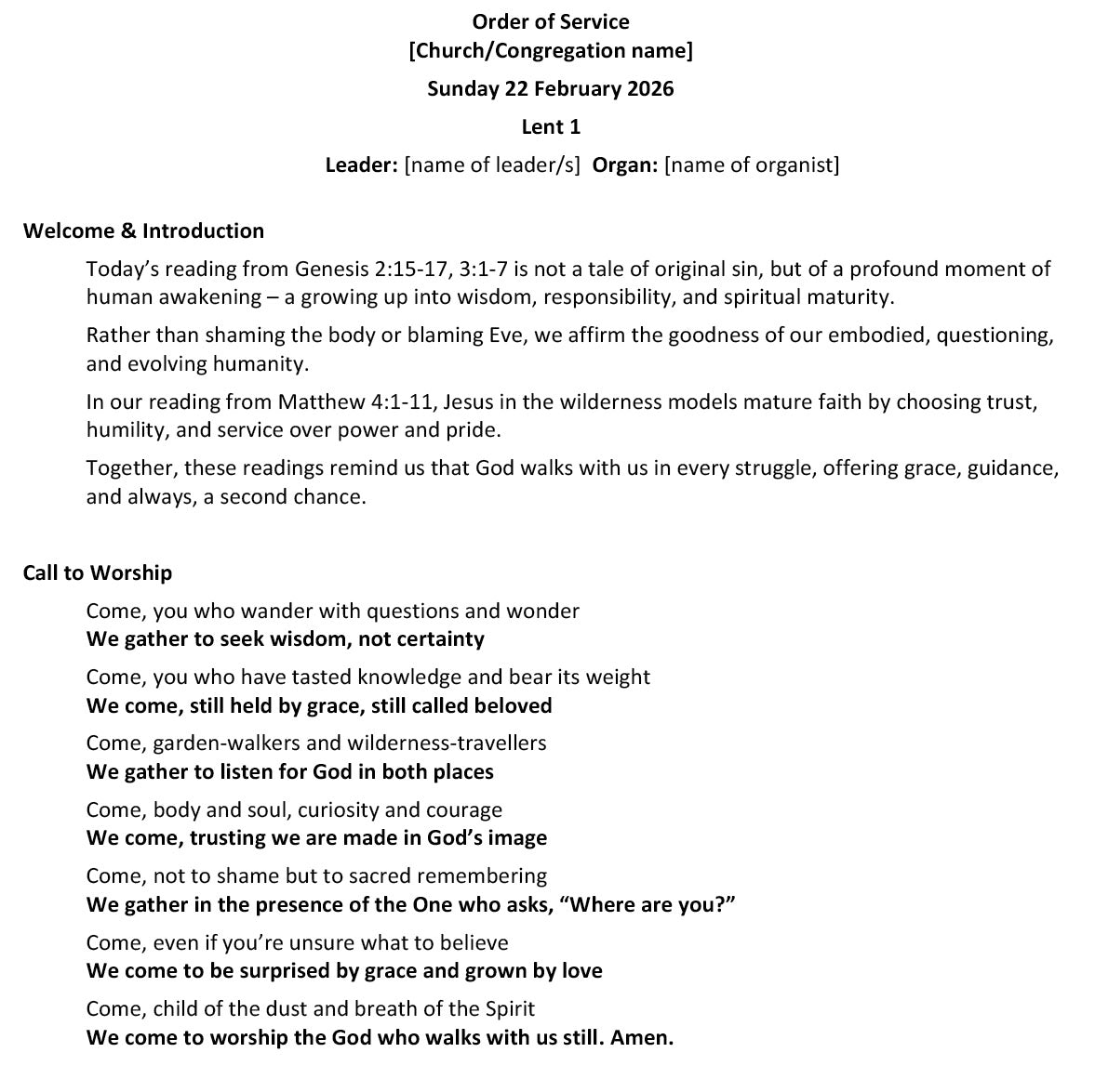 Worship at Hand
Complete Lectionary-Based Worship Services for Sundays in the Church Year
By Philip Garside
Lent 1 | 22 February 2026
Page 1