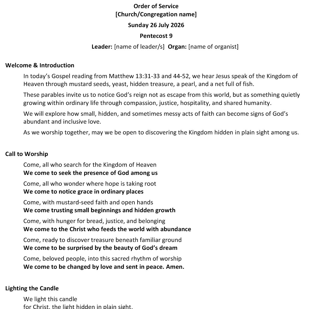 Worship at Hand
Complete Lectionary-Based Worship Services for Sundays in the Church Year
By Philip Garside
Pentecost 9 | 26 July 2026
Page 1
