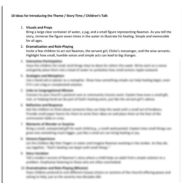 Worship at Hand
Complete Lectionary-Based Worship Services for Sundays in the Church Year
By Philip Garside
Pentecost 4 | 6 July 2025
Children's talk ideas