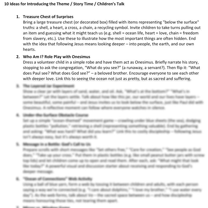 Worship at Hand
Complete Lectionary-Based Worship Services for Sundays in the Church Year
By Philip Garside
Pentecost 13 | 7 September 2025
Children's Talk ideas