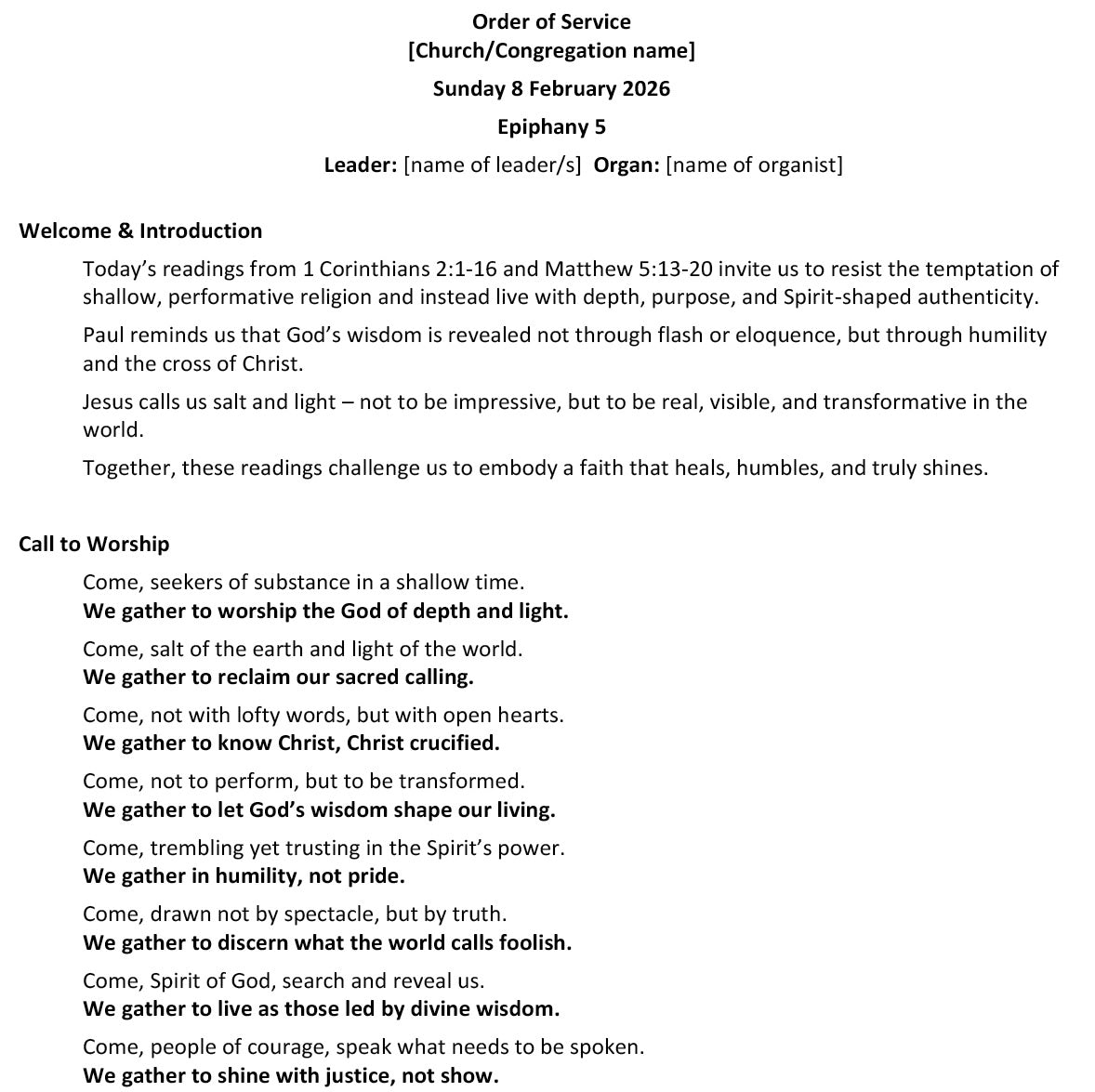 Worship at Hand
Complete Lectionary-Based Worship Services for Sundays in the Church Year
By Philip Garside
Epiphany 5 | 8 February 2026
Page 1