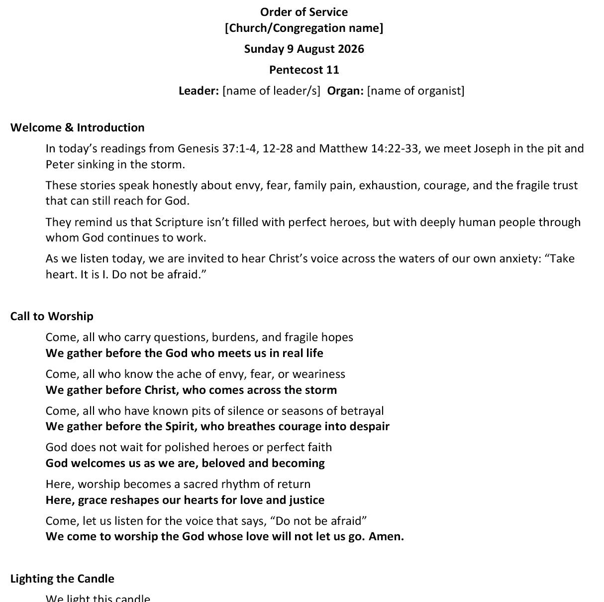 Worship at Hand
Complete Lectionary-Based Worship Services for Sundays in the Church Year
By Philip Garside
Pentecost 11 | 9 August 2026
Page 1